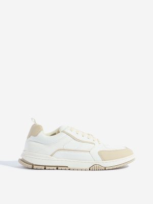 Yellow White Colour-Blocked Lace-Up Sneakers