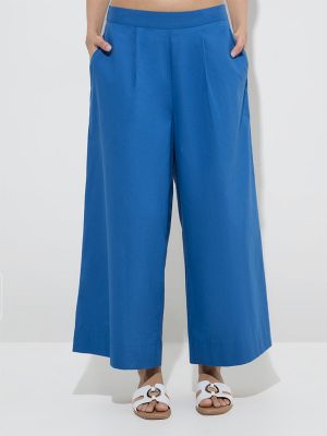 Utsa Blue Solid Cotton Palazzos