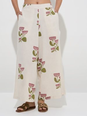 Utsa Off-White Floral Design Cotton-Blend Palazzos