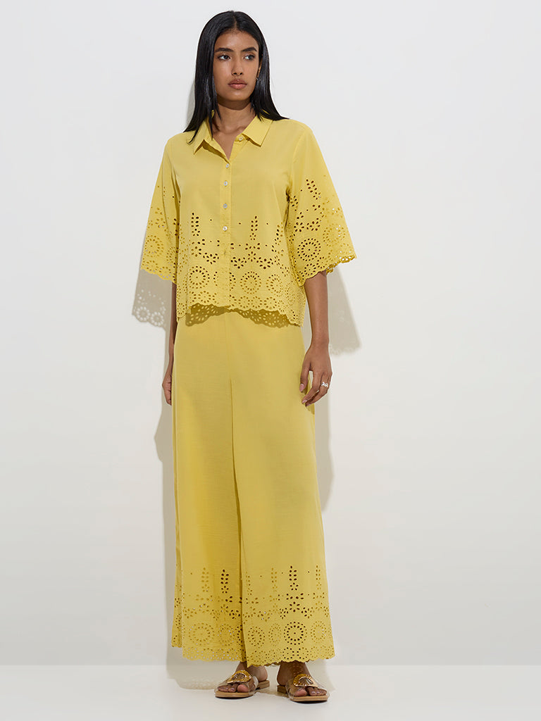 Utsa Yellow Schiffli Detailed Cotton Ethnic Shirt - Image 2
