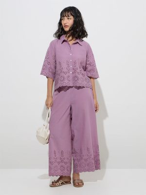 Utsa Purple Schiffli Detailed Cotton Shirt