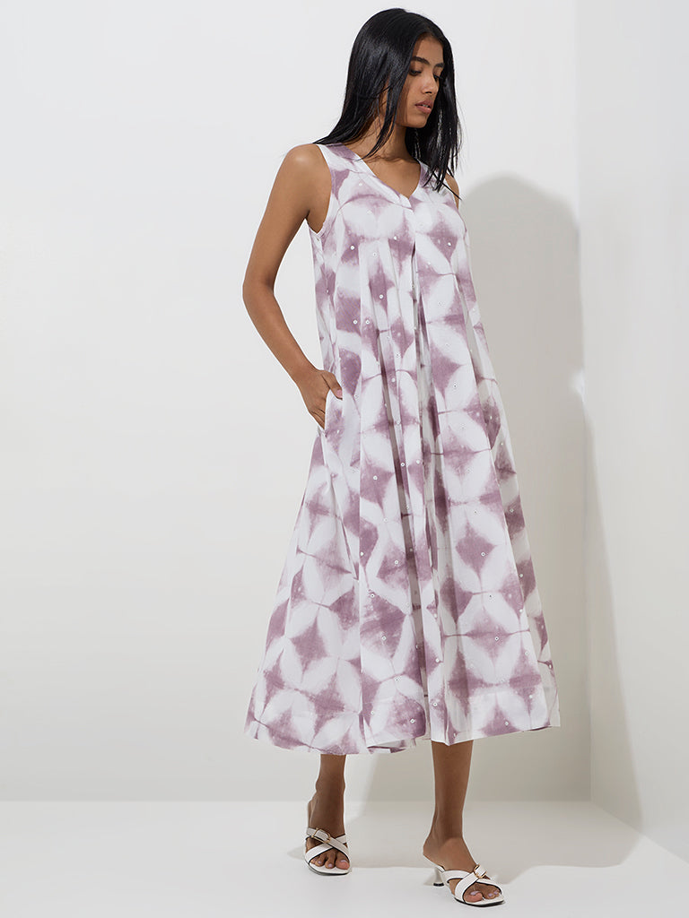 Utsa Purple Tie-Dye Pattern Cotton A-Line Dress