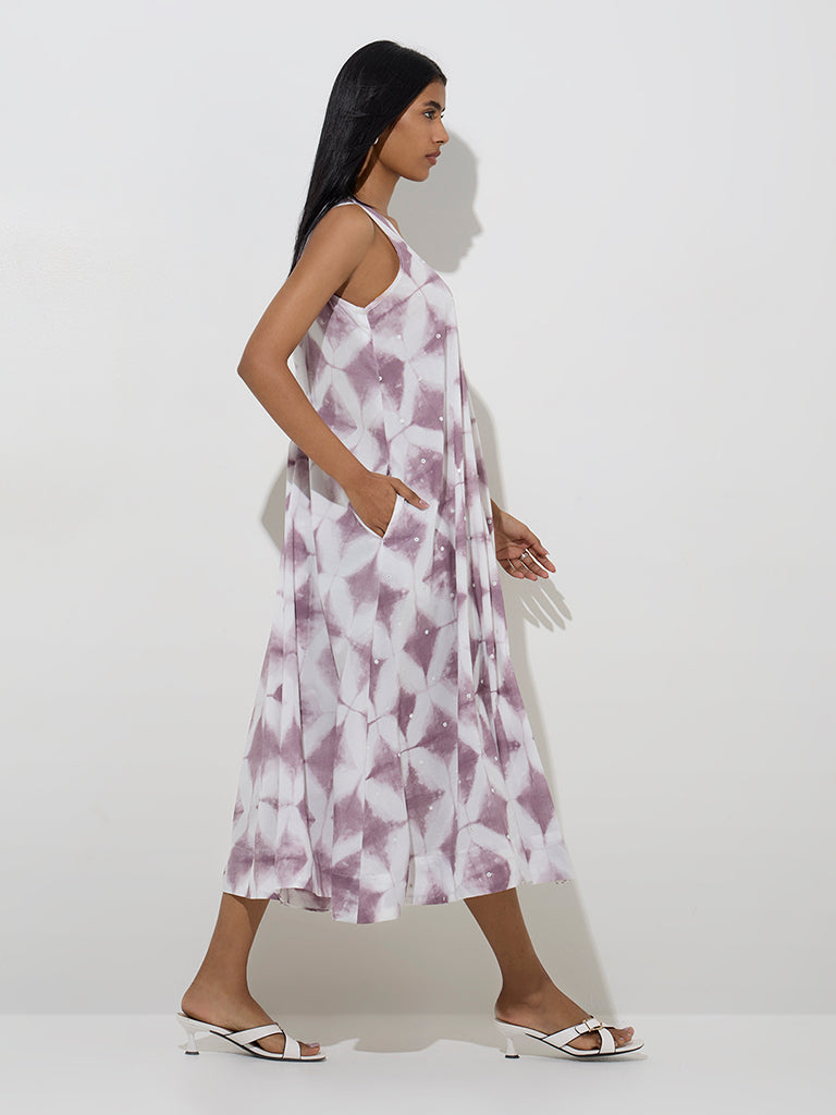 Utsa Purple Tie-Dye Pattern Cotton A-Line Dress - Image 3