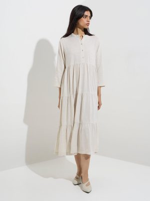 Zuba Beige Solid Linen-Blend Tiered Dress