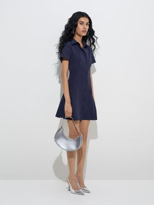 Nuon Navy Solid Drop-Waist Shirt Dress