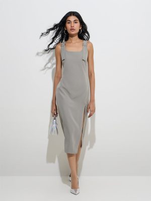 Nuon Sage Slit-Detailed Straight Dress