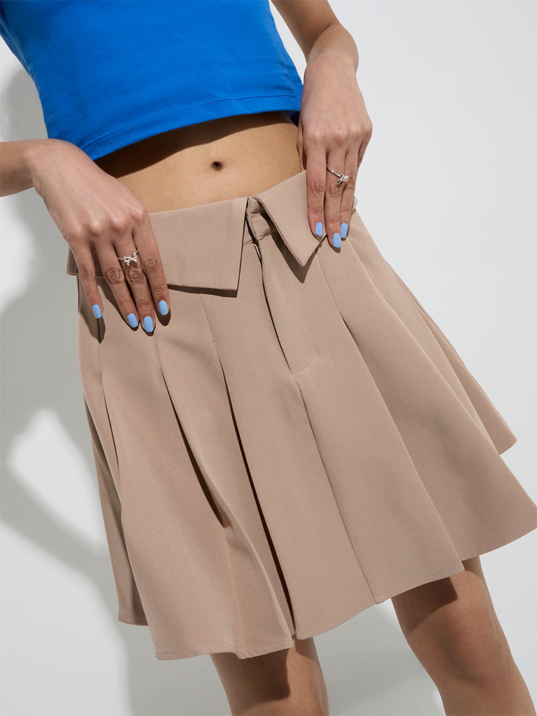 Nuon Beige Pleated High-Rise Mini Skirt - Image 3