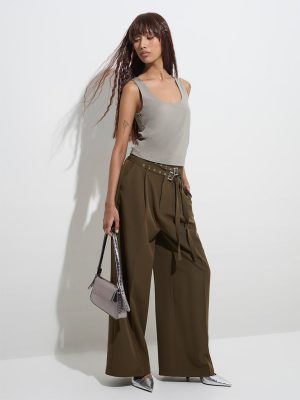 Nuon Olive Wide Leg-Fit High-Rise Trousers with Belt