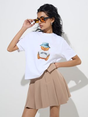 Nuon White Printed Cotton T-Shirt