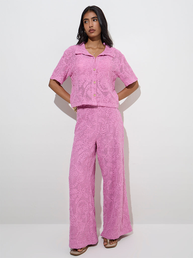 LOV Pink Floral Lace Detailed Cotton Shirt