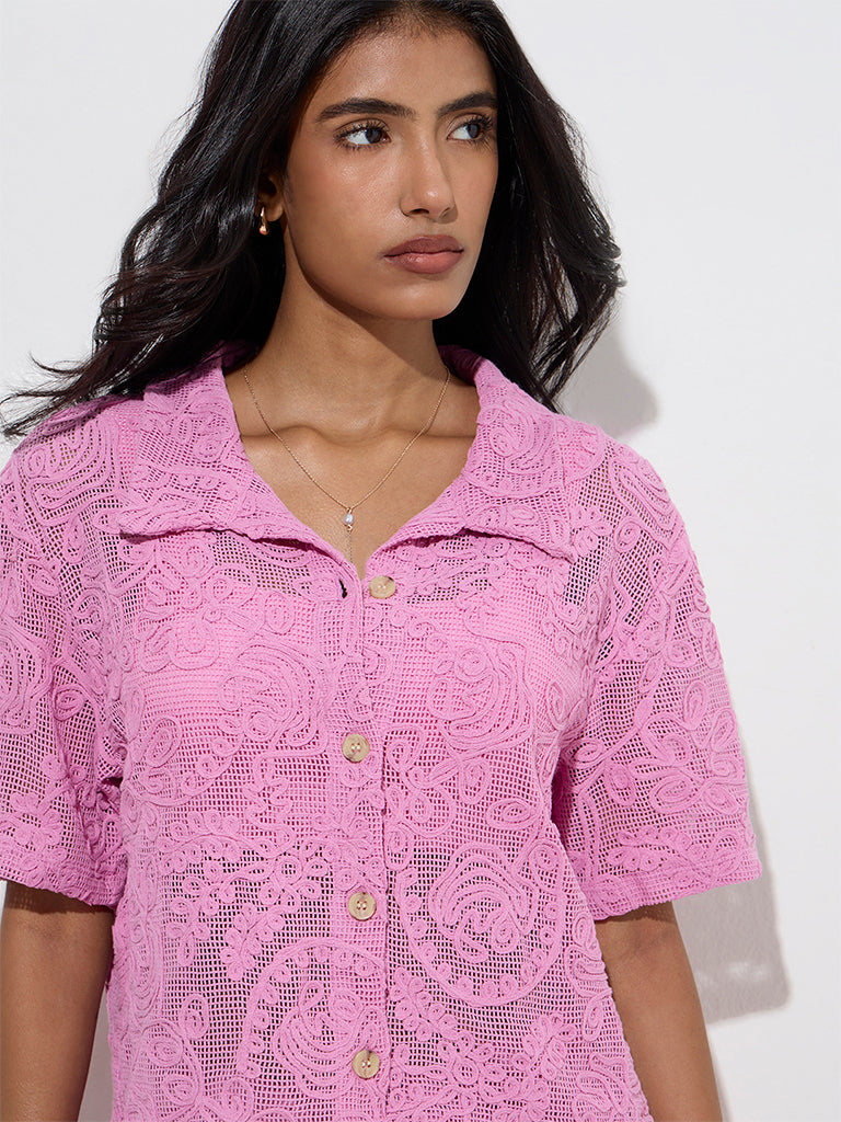 LOV Pink Floral Lace Detailed Cotton Shirt - Image 3