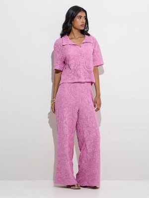 LOV Pink Floral Lace Detailed High-Rise Cotton Trousers