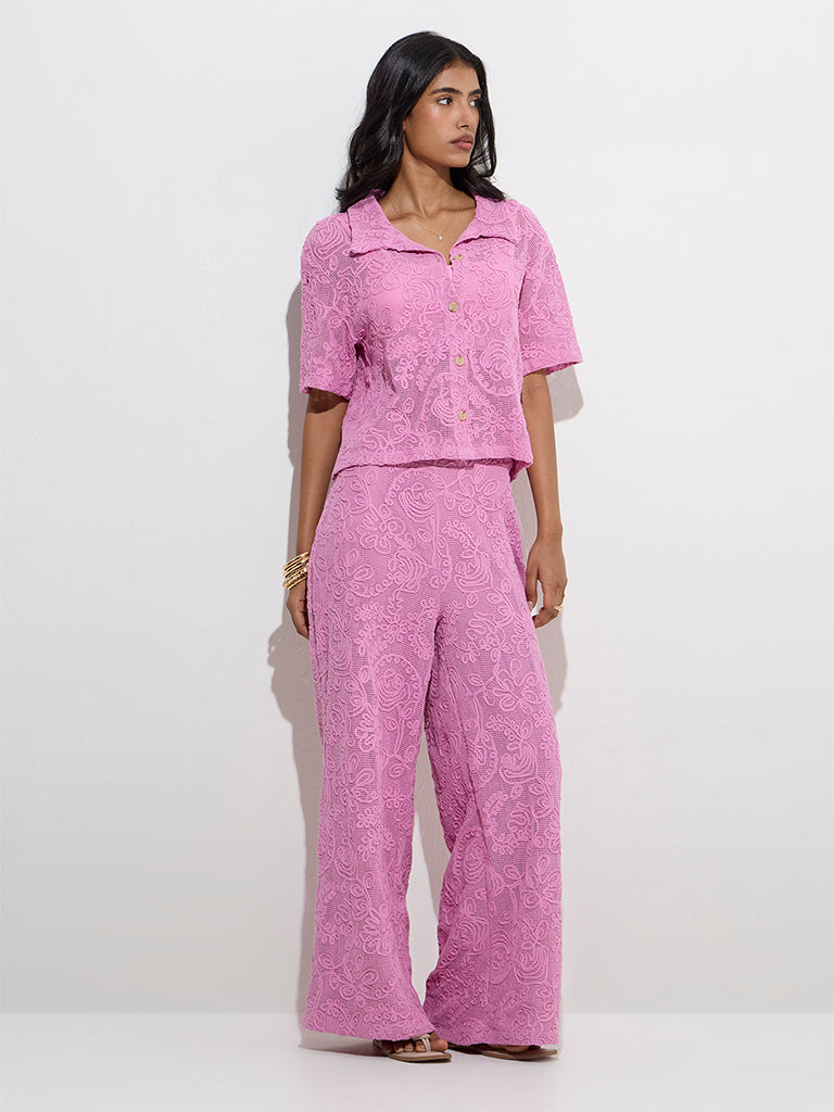LOV Pink Floral Lace Detailed High-Rise Cotton Trousers