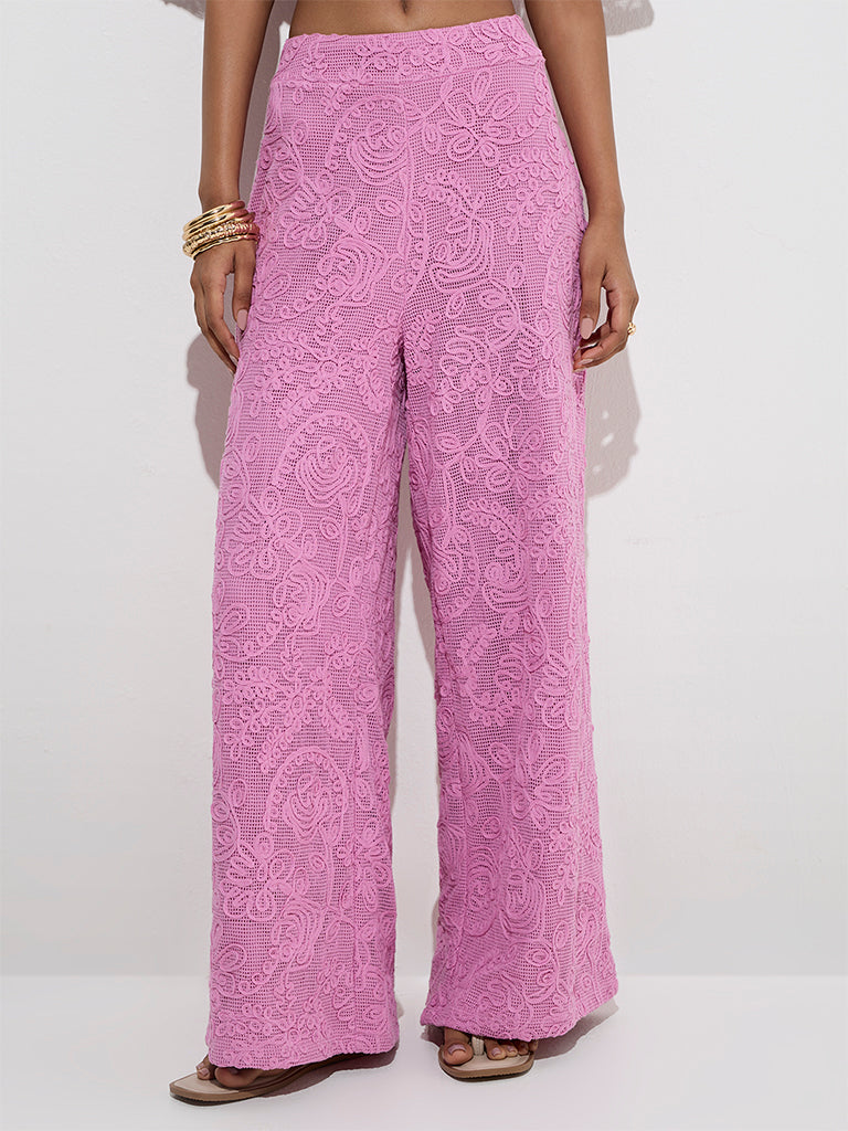 LOV Pink Floral Lace Detailed High-Rise Cotton Trousers - Image 2