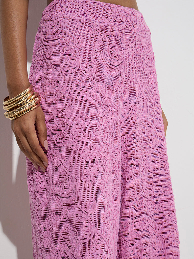 LOV Pink Floral Lace Detailed High-Rise Cotton Trousers - Image 3