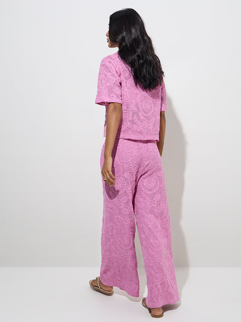 LOV Pink Floral Lace Detailed High-Rise Cotton Trousers - Image 4