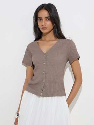 LOV Dark Taupe Self-Textured Top