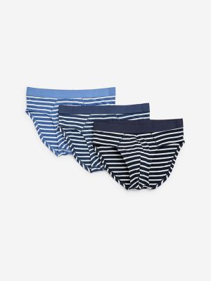 WES Lounge Navy Striped Cotton-Blend Briefs - Pack of 3