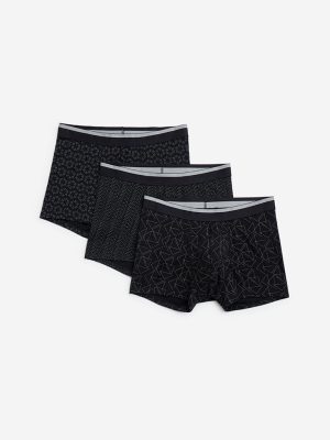 WES Lounge Black Printed Cotton Trunks- Pack of 3