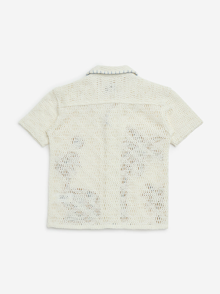 HOP Kids White Crochet-Detailed Cotton-Blend Shirt - Image 2