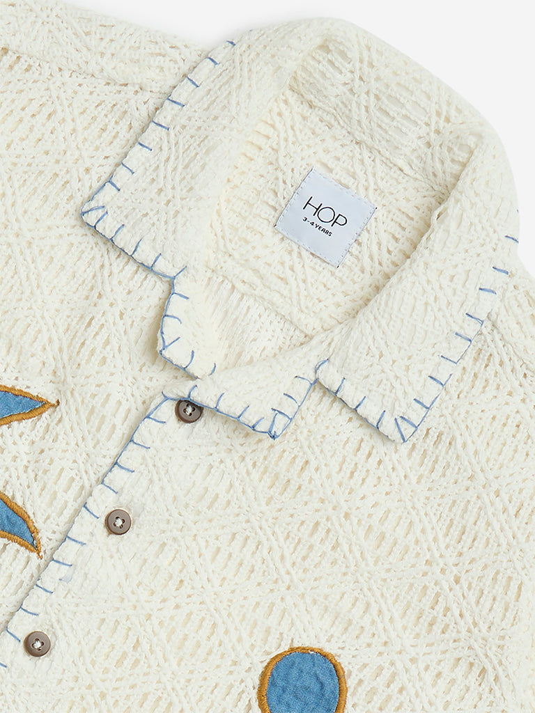 HOP Kids White Crochet-Detailed Cotton-Blend Shirt - Image 3