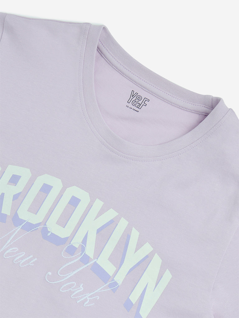 Y&F Kids Lilac Text Design Cotton T-Shirt - Image 4