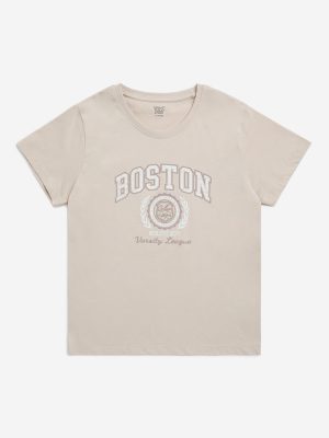 Y&F Kids Beige Text Embroidered Cotton T-Shirt