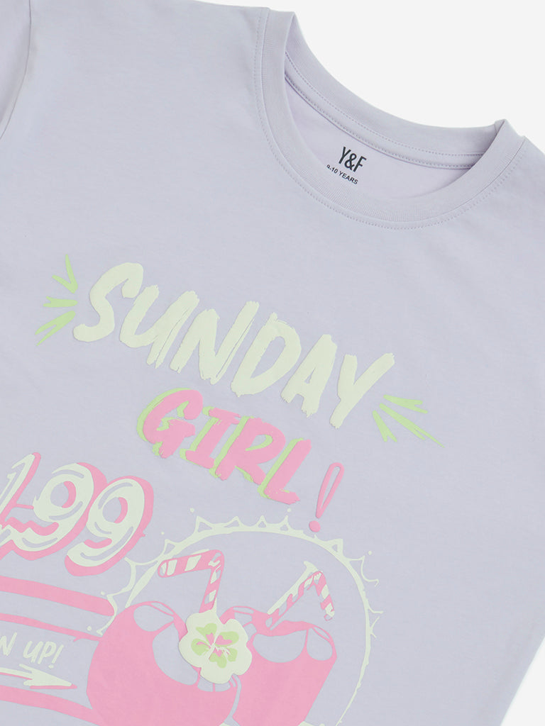 Y&F Kids Lilac Text Design Cotton T-Shirt - Image 4