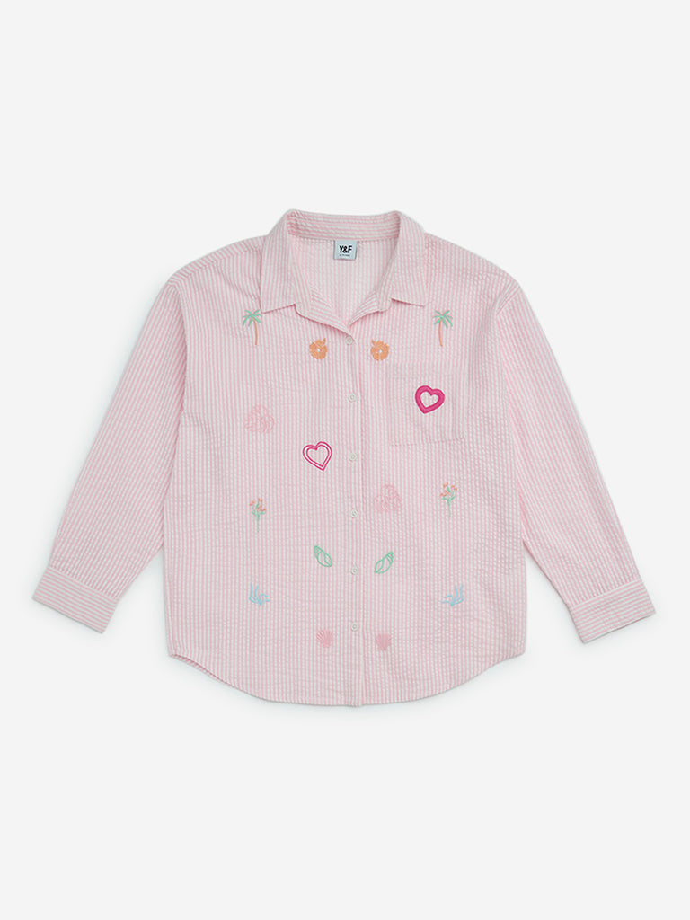 Y&F Kids Pink Seersucker Striped Cotton Shirt - Image 3