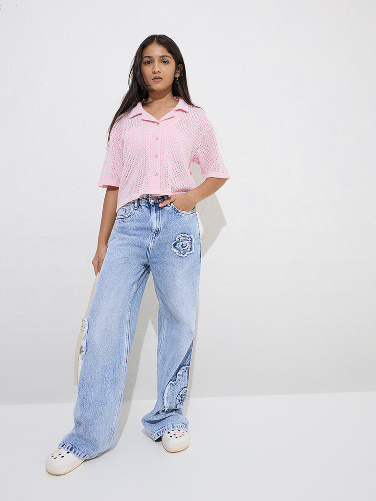 Y&F Kids Pink Cotton-Blend Knit-Textured Shirt