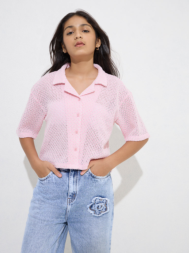 Y&F Kids Pink Cotton-Blend Knit-Textured Shirt - Image 2