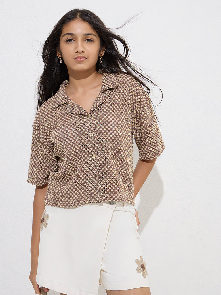 Y&F Kids Brown Cotton-Blend Knit-Textured Shirt - Image 2