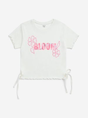 Y&F Kids White Text Printed Cotton-Blend Top