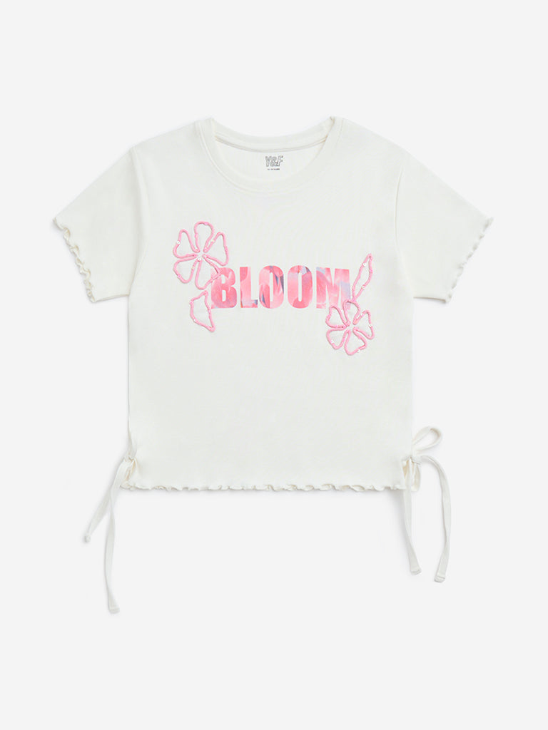 Y&F Kids White Text Printed Cotton-Blend Top