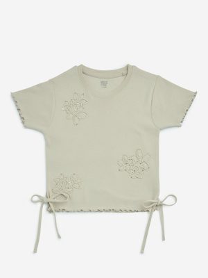 Y&F Kids Beige Floral Embroidered Cotton-Blend Top