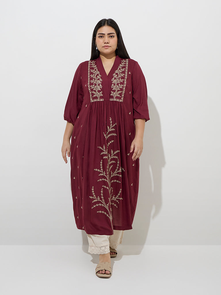Diza Maroon Foliage Design A-Line Kurta