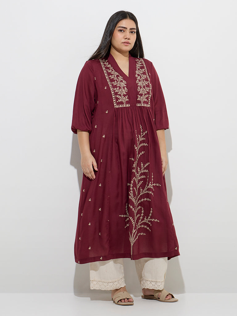 Diza Maroon Foliage Design A-Line Kurta - Image 2