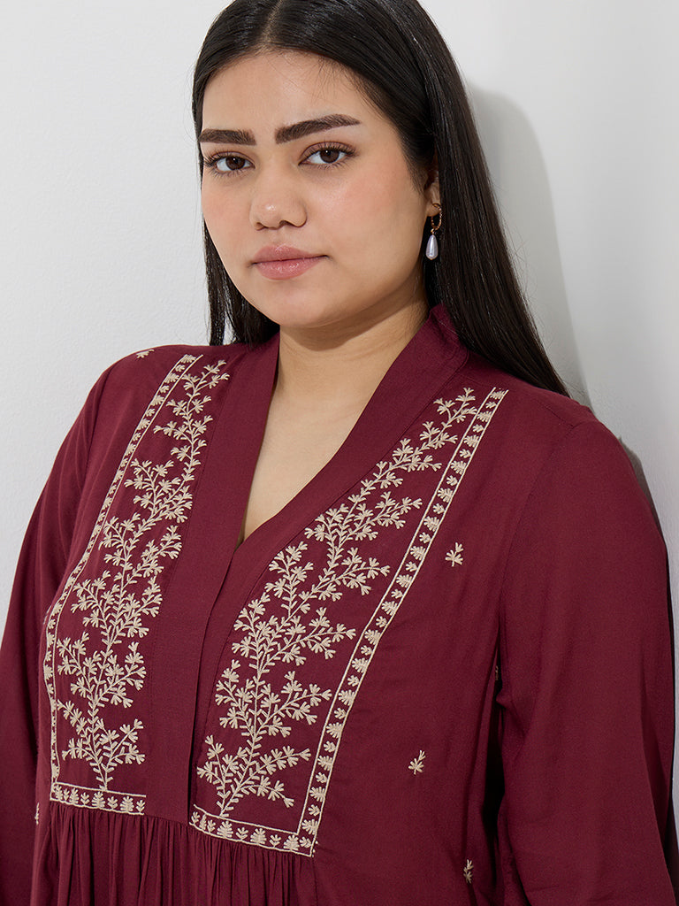 Diza Maroon Foliage Design A-Line Kurta - Image 3