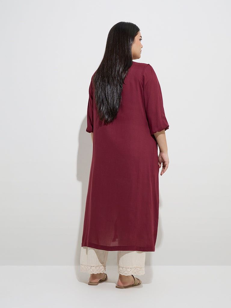 Diza Maroon Foliage Design A-Line Kurta - Image 4