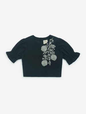 Utsa Kids Black Embroidered Cotton-Blend Top - (2-8yrs)