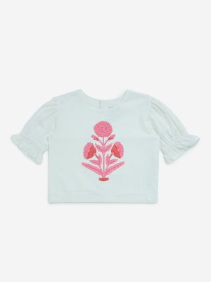 Utsa Kids White Floral Printed Cotton-Blend Top - (8-14yrs)