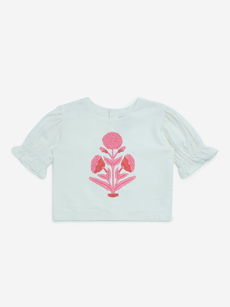Utsa Kids White Floral Printed Cotton-Blend Top - (8-14yrs)