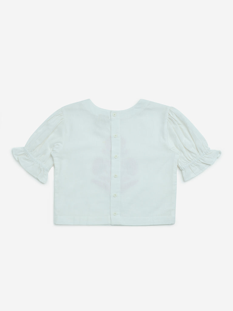 Utsa Kids White Floral Printed Cotton-Blend Top - (8-14yrs) - Image 2