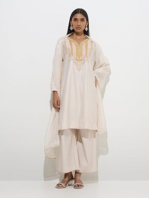 Vark Beige A-Line Kurta. Palazzos and Dupatta Set