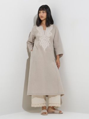 Utsa Beige Floral Embroidered Cotton A-Line Kurta
