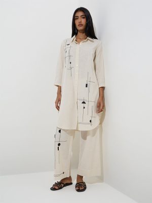 Utsa Off-White Embroidered Cotton-Blend A-Line Kurta