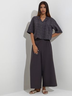 Utsa Charcoal Floral Schiffli Detailed Cotton Ethnic Shirt