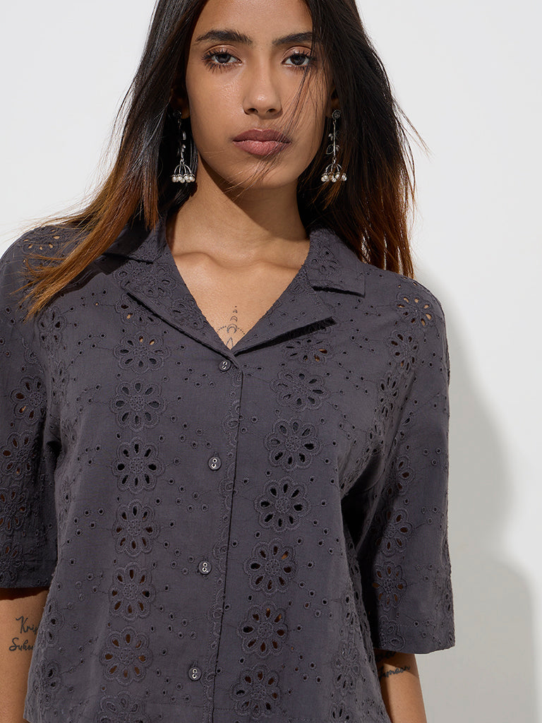Utsa Charcoal Floral Schiffli Detailed Cotton Ethnic Shirt - Image 3