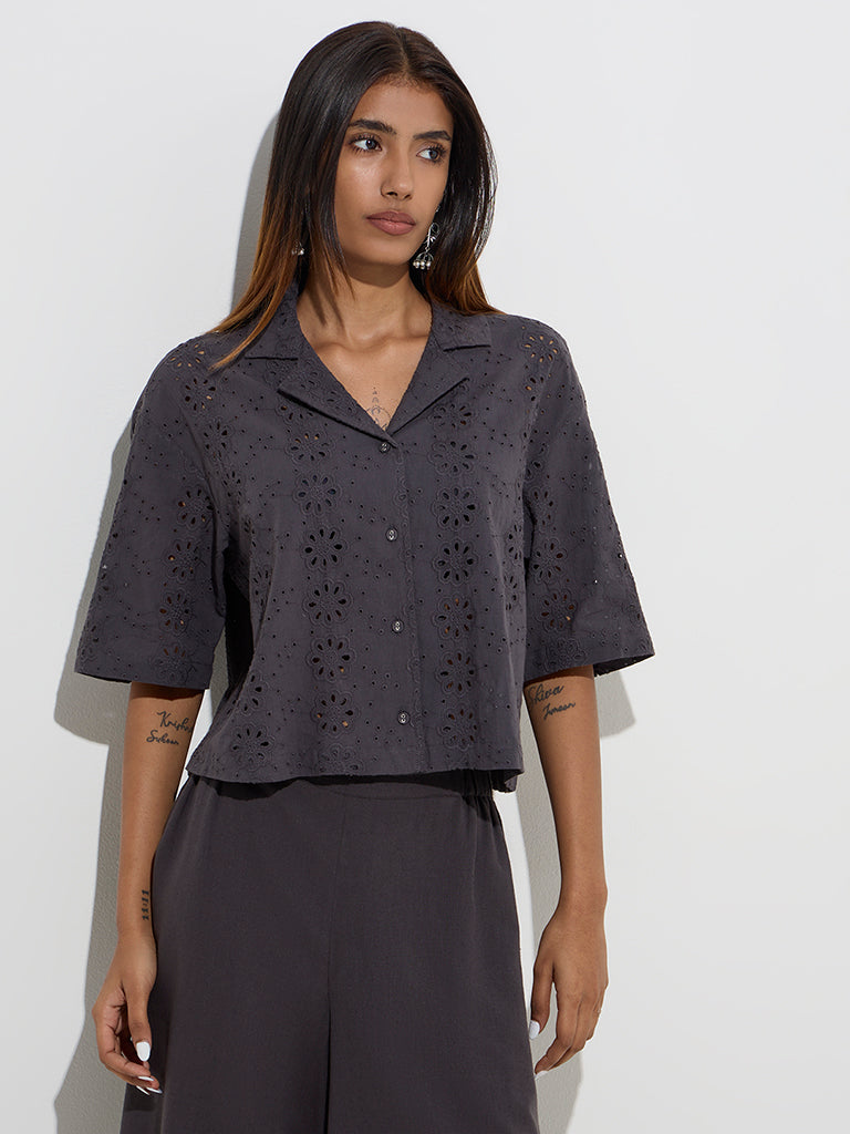 Utsa Charcoal Floral Schiffli Detailed Cotton Ethnic Shirt - Image 4