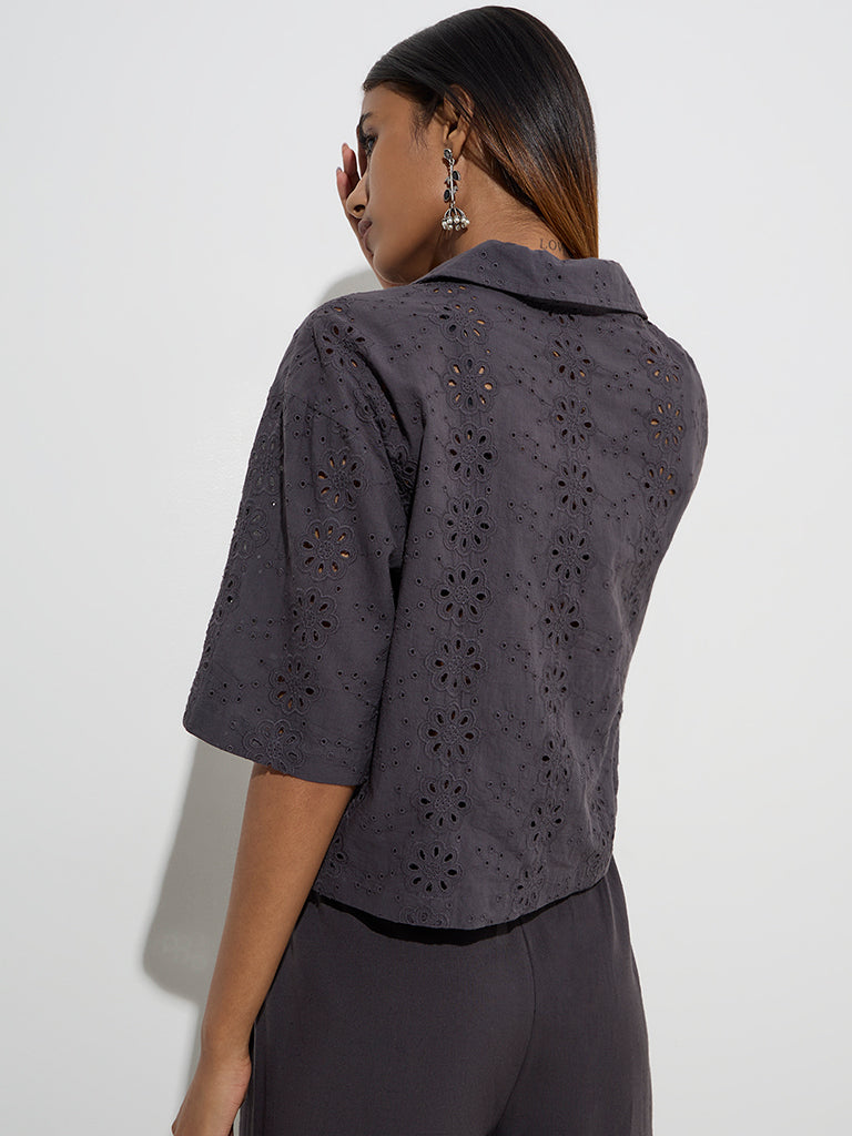 Utsa Charcoal Floral Schiffli Detailed Cotton Ethnic Shirt - Image 5